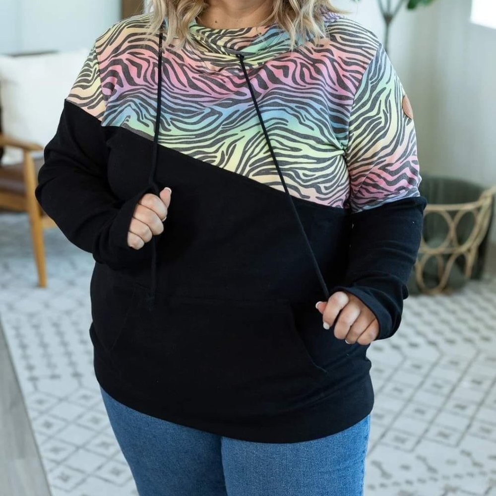 Michelle Mae Fall Hoodie Zebra Rainbow Print Large and X-Large